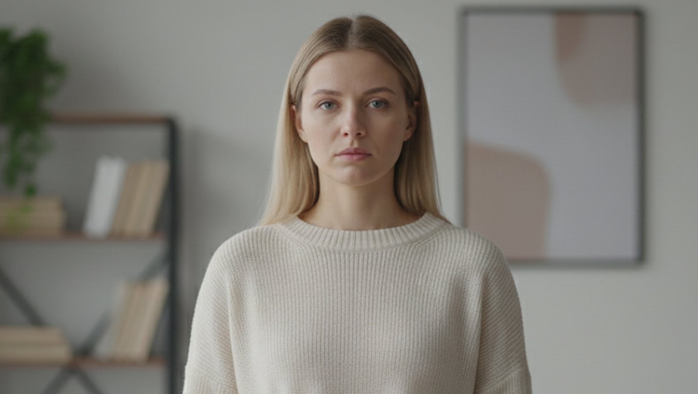 Девушка стоит в комнате с подавленным видом